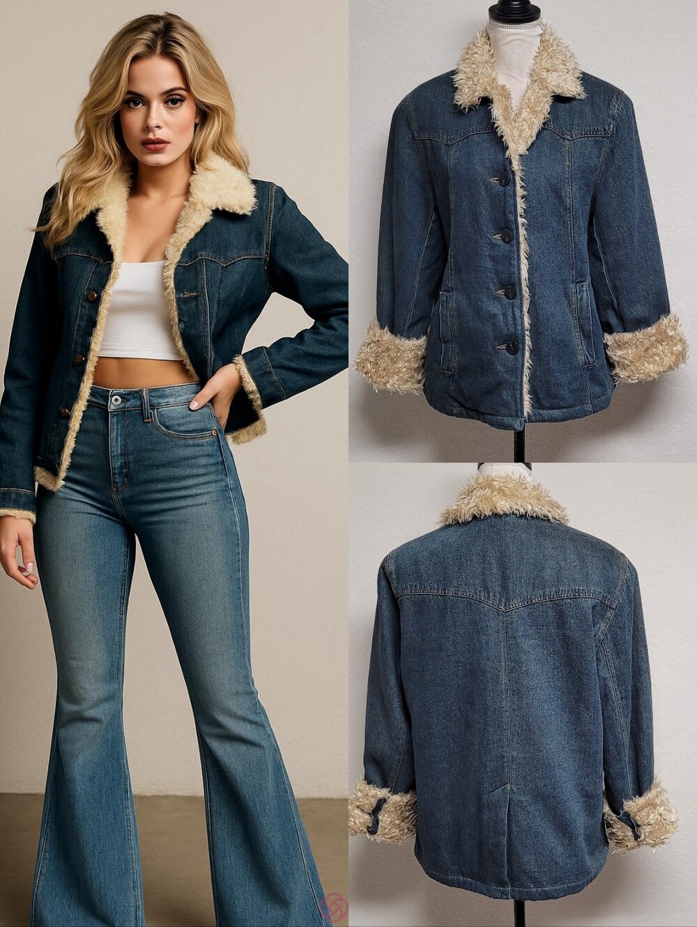 Rare Vintage Western Rustic Sherpa Trim Quilted Lining Denim Trucker Jacket L
